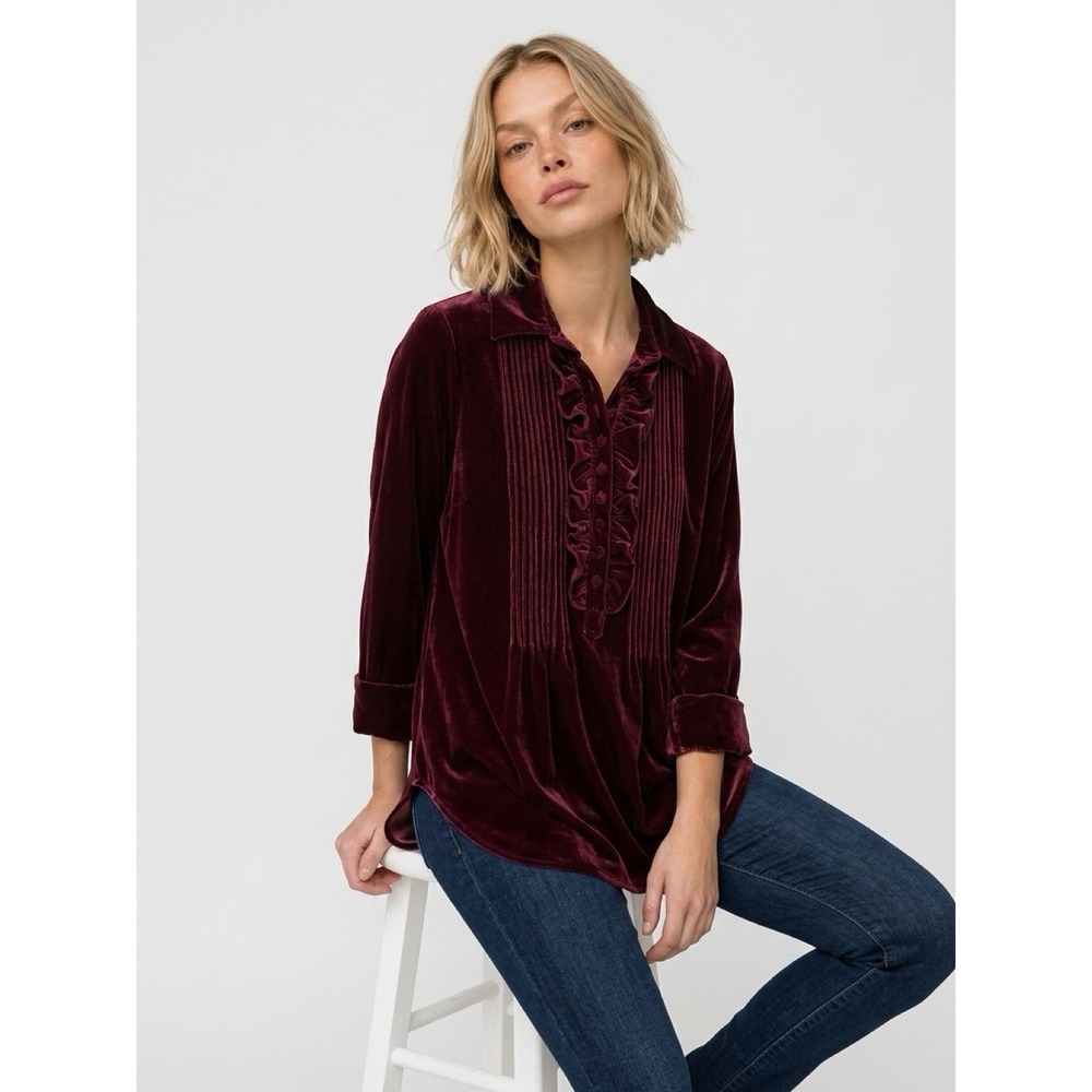 Burgundy Velvet Soft Surroundings Size L Tunic Top Ruffle Front 3/4 Sleeve Boho - Picture 10 of 10
